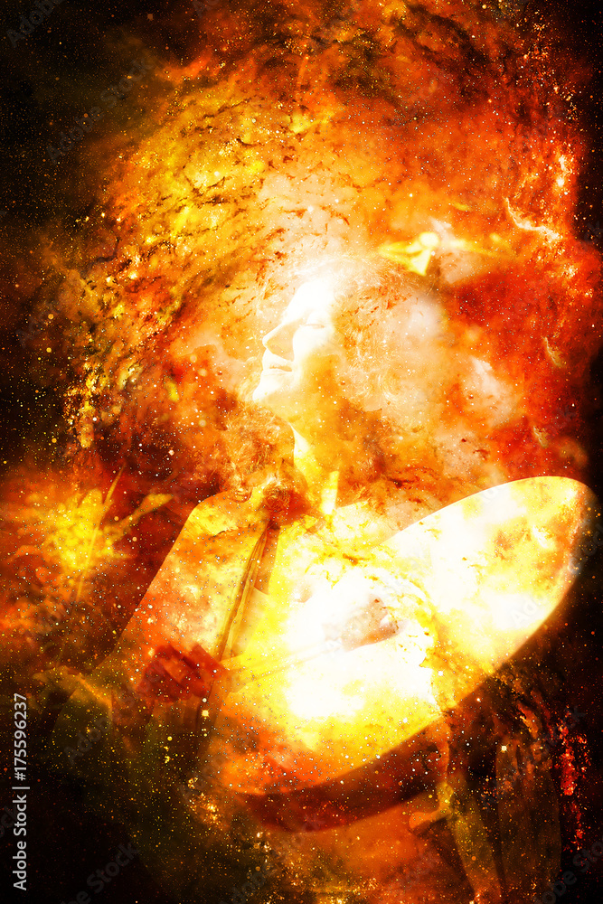 Poster shamanic girl with frame drum on abstract structured space background. fire element.