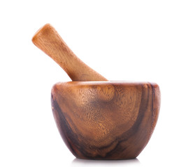 Handmade wooden mortar isolated on white background