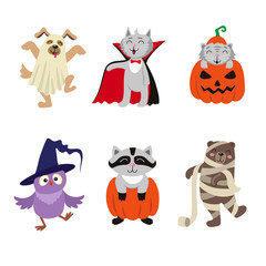 Set of funny animal characters dressed in Halloween costumes, flat cartoon vector illustration isolated on white background. Set of animal characters in ghost, witch, mummy, vampire Halloween outfit