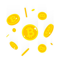 Falling Bitcoins Isolated Vector Illustration on White Background. Yellow Cryptocurrency Flying Golden Coins Internet Banking Concept Image.