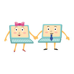 Couple of funny cartoon laptop computer characters, male and female, holding hands, vector illustration isolated on white background. Two cartoon laptop computer characters wearing tie and high heels