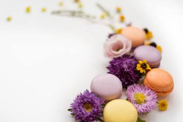 Obraz na płótnie Canvas Colorful macarons, flowers and leaves on a white background. Colorful french dessert with fresh flowers. Autumn concept