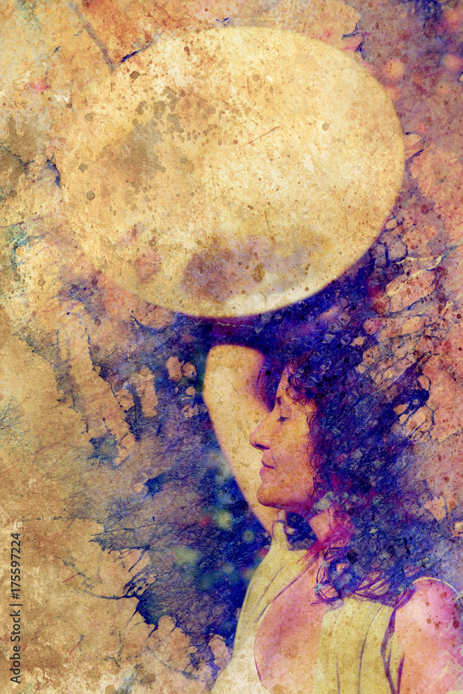 Poster shamanic girl with frame drum on abstract structured background.