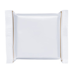 Short square white blank plastic foil pouch food bag snack packaging isolated on white background...