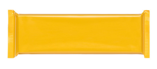Long yellow blank plastic foil pouch food bag snack packaging isolated on white background flat top...