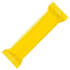 Long yellow blank sealed plastic foil pouch snack food bag packaging mock up isolated on white...