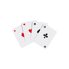 vector flat cartoon four aces poker cards spades diamonds clubs hearts. Isolated illustration on a white background. Sign of profit, easy money. Jackpot, bingo casino design poster