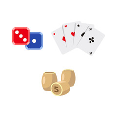 vector flat cartoon casino, gambling symbols set. Lotto, bingo barrels or kegs, dice cubes poker coins four aces all suits, chips. Isolated illustration on a white background.