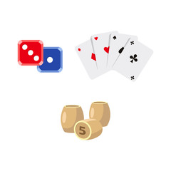 Fototapeta na wymiar vector flat cartoon casino, gambling symbols set. Lotto, bingo barrels or kegs, dice cubes poker coins four aces all suits, chips. Isolated illustration on a white background.