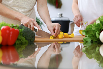 Close-up of  human hands  cooking in a kitchen. Friends having fun while preparing fresh salad. Vegetarian, healthy meal and friendship concept