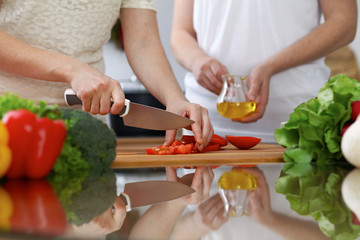 Close-up of  human hands  cooking in a kitchen. Friends having fun while preparing fresh salad. Vegetarian, healthy meal and friendship concept