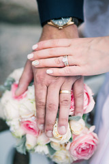 bride and groom Hands and rings on wedding bouquet