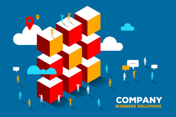 Vector creative illustration of business people and pile of large color boxes with clouds on blue background. Abstract business concept.