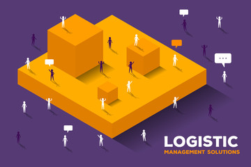 Vector creative logistic concept on dark background. Illustration of large isometric yellow cubes and group of connecting business people with speech bubbles