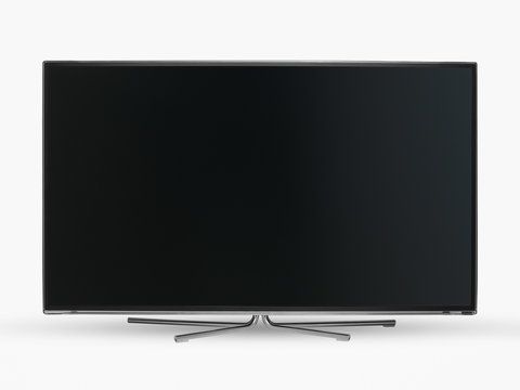 Closeup Of A Modern Widescreen LCD TV With Flat Screen And Metal Legs On White Background