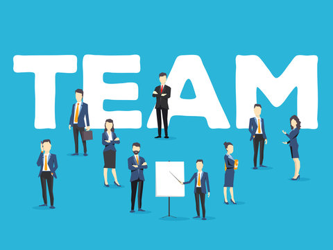 Vector creative illustration of business team. People and team word lettering typography on blue background.