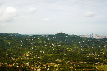 View from above on a rural settlement in a mountainous area.