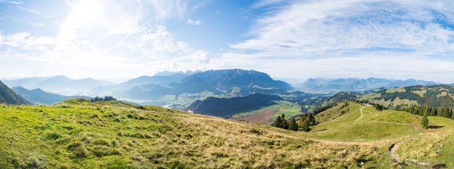 Bergpanorama mit See und Alm