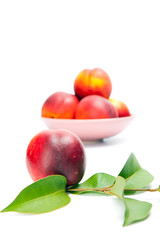 fresh peach fruits with green leaves isolated on white background