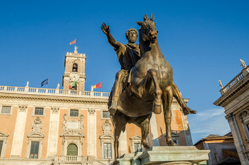 Fototapeta premium Bronze monument to Emperor Marcus Aurelius on horseback, on Capitolium square in Rome, Italy
