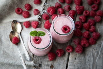 Yogurt smoothie with raspberries, fruit dessert. Berry smoothie. healthy dieting concept
