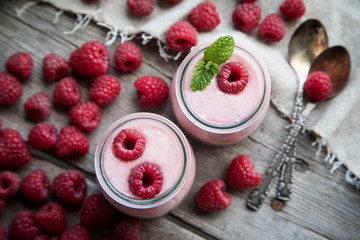 Yogurt smoothie with raspberries, fruit dessert. Berry smoothie. healthy dieting concept