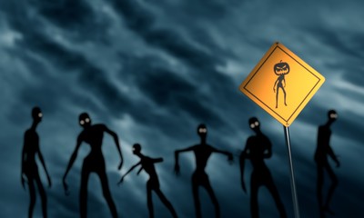 Warning yellow road sign with undead Halloween creature icon. Zombie silhouettes. Storm clouds on backdrop. 3D rendering
