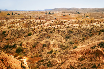 Somewhere in Sahara desert. Landscape with hills and canyons in Tunisia.