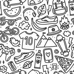 Teenager cartoon hipster objects seamless vector pattern outline