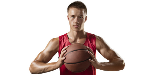 Basketball player hold a basketball ball. Isolated basketball player on a white background. Player wears unbranded clothes.