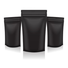 Set of Vector Black Foil Food or Cosmetic Pack Pouch Sachet Bag Packaging with Zipper. Isolated Mock up template