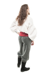 Handsome man in historical pirate costume isolated. Back pose