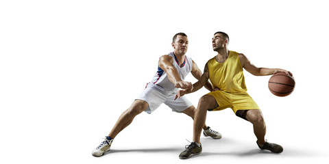 Fototapeta na wymiar Two basketball players fight for the basketball ball. Isolated basketball players on a white background. Player wears unbranded clothes.
