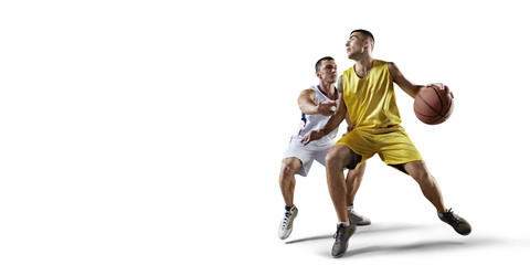 Fototapeta na wymiar Two basketball players fight for the basketball ball. Isolated basketball players on a white background. Player wears unbranded clothes.