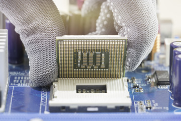 Close up of Electronic CPU on Mainboard computer.