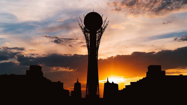 Timelapse of silhouette Bayterek tower in Astana capital of Kazakhstan on beautiful sunset