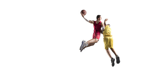 Basketball players makes slam dunk. Isolated basketball players on a white background. Player fight...