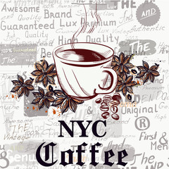 Coffee vector poster background with engraved coffee cups, grains. New York café