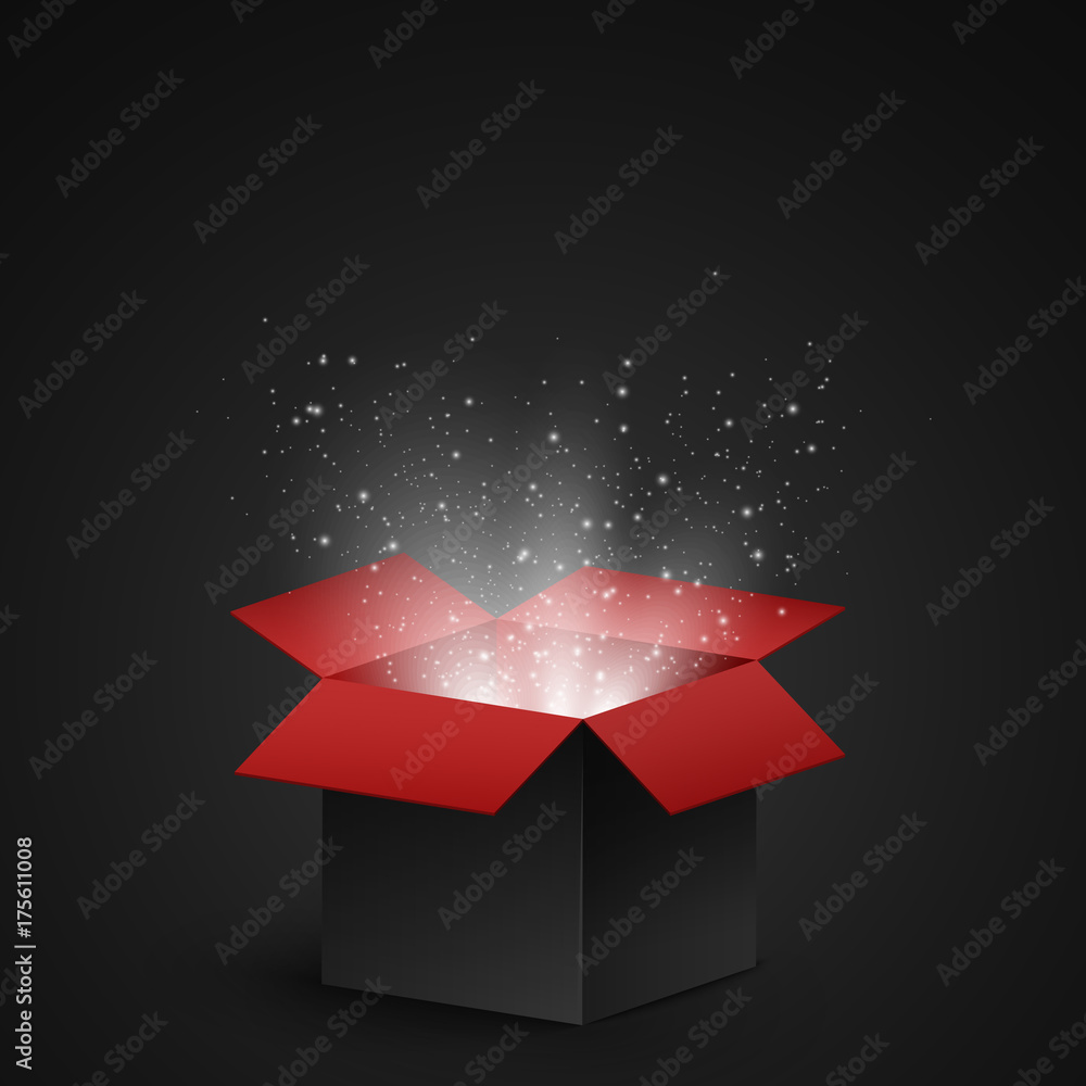 Poster black and red open box with magical dust and luminous white particles on a dark background. abstract