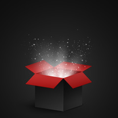 Black and red open box with magical dust and luminous white particles on a dark background. Abstract white lights. Vector