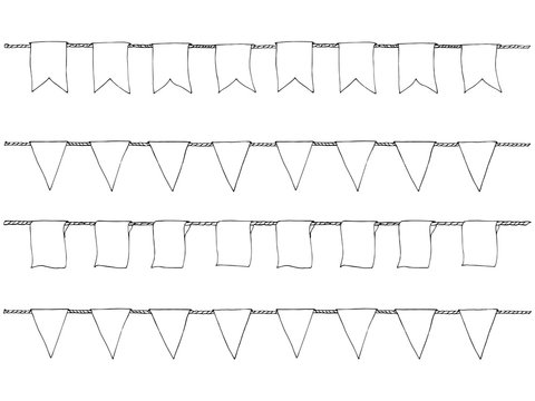 Hand Drawn Doodle Bunting Banners Set For Decoration. Doodle Banner Set, Bunting Flags, Border Sketch. Decorative Elements. Vector Illustration.