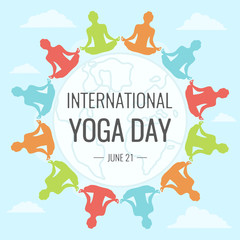 World Yoga Day, 21 June. People across globe doing asana illustration vector.