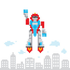 Pixel art retro game style cartoon flying robot vector illustration