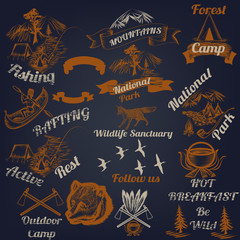 Collection outdoor camping and mountains typography labels design