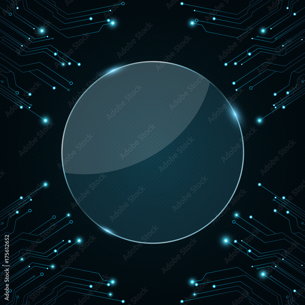 Poster glass round banner for your projects. computer circuit board. luminous connectors are blue. sci-fi t