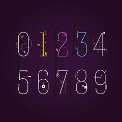 Graphic Flat Line Art Style Numbers Set. Geometric Objects Numbers Typeface. Space Abstract Technology Vector Illustration Pack.