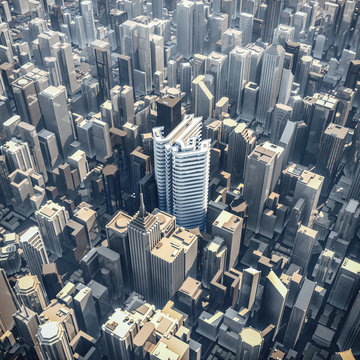 Riyal office tower concept / 3D illustration of riyal currency symbol shaped building in downtown modern city
