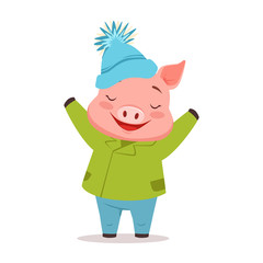 Cute happy pig in green warm coat and blue knitted hat, funny cartoon animal dressed in human clothes vector Illustration