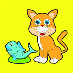 cat eat fish vector cartoon