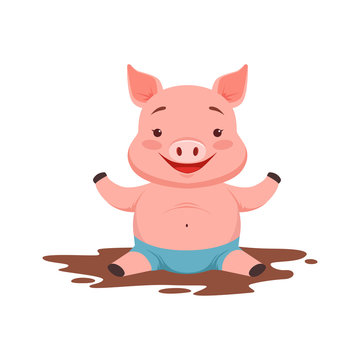 Cute happy pig sitting in a dirty pool, funny cartoon animal vector Illustration